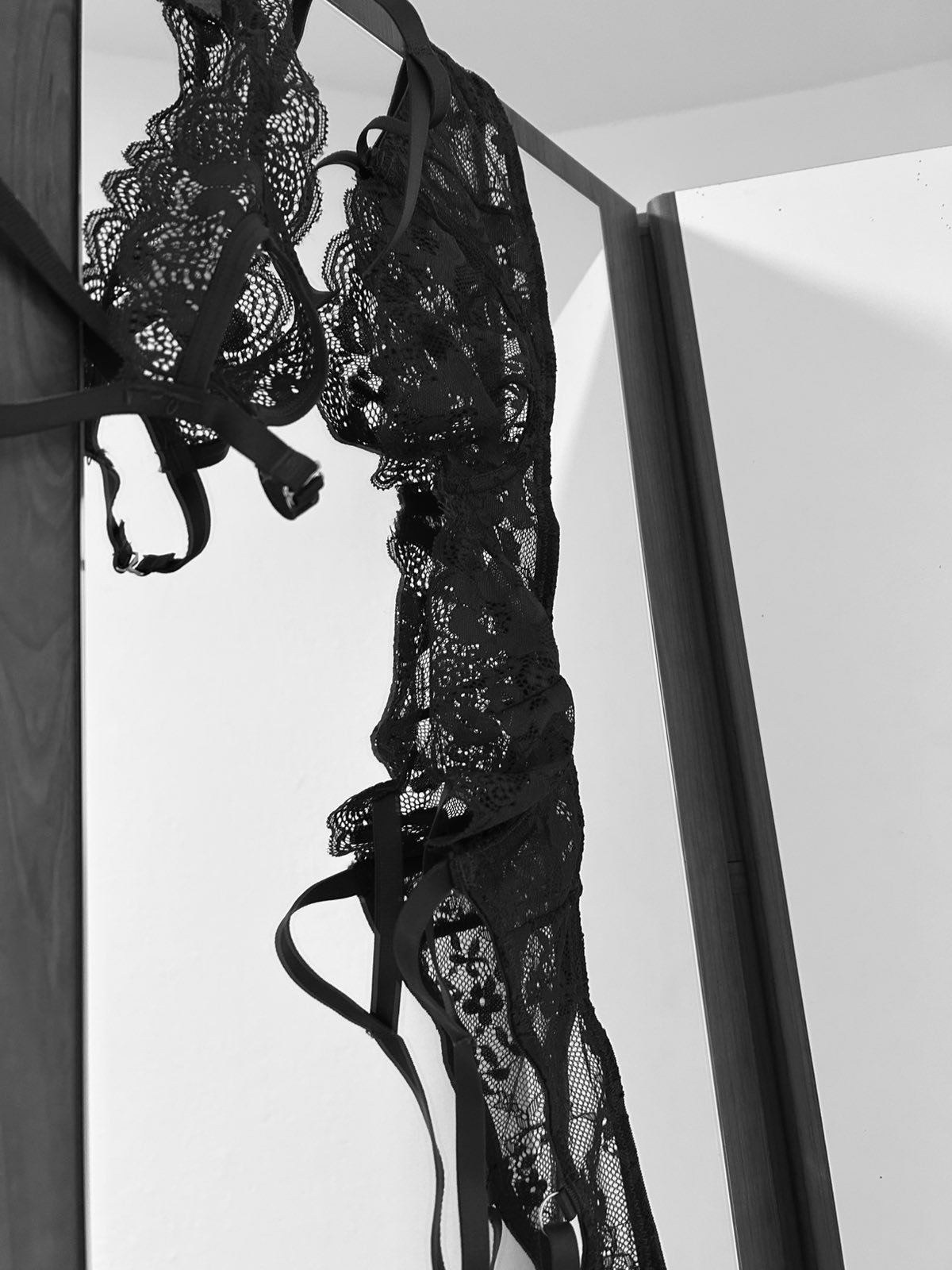 Mastering the First Impression: Your intriguing post title goes here A sophisticated black lace lingerie set featuring a delicate bra and lace stockings with intricate floral patterns, hanging from a wardrobe door. The monochrome composition emphasizes the texture and elegance of the lace, creating a refined, sensual, and intimate atmosphere.