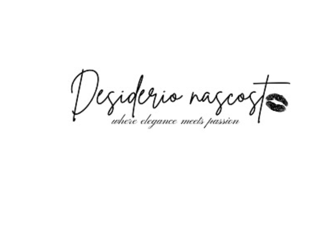 Brand logo “Desiderio nascosto” in elegant black handwritten typography, with the slogan “where elegance meets passion” below and a small lips symbol on the right.